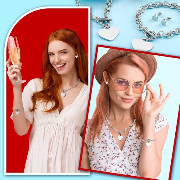 3 Pcs Heart Jewelry Set Heart Pendant Chain Toggle Necklace with Bracelet Earrin - Picture 4 of 7